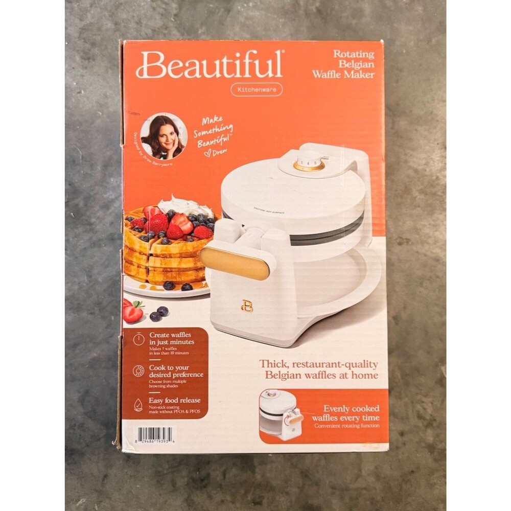 Beautiful Rotating Belgian Waffle Maker 1000W White Round Non-Stick Temp Ctrl